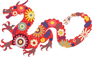 Flowers inside of asian dragon silhouette. Abstract detailed silhouette of asian style dragon with flowers inside of it.
