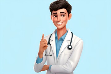 The medic therapist put his hand on the hand. A male doctor in a white coat with a stethoscope on his shoulders.