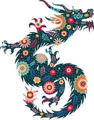 Flowers inside of asian dragon silhouette. Abstract detailed silhouette of asian style dragon with flowers inside of it.