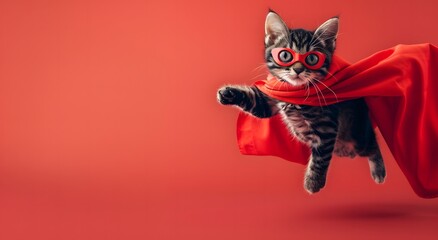 Fototapeta premium Superhero cat with red cloak and mask flying in air. light red background, cute kitty in action, animal superhero concept, award-winning
