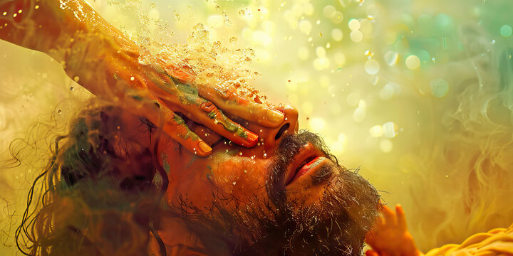 Anointing: A close-up of a religious leader anointing a person with oil, with pastel tones highlighting the ritualistic and spiritual nature of the act