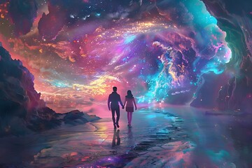 Obraz premium A couple walks hand-in-hand along a beach, gazing up at a mesmerizing, swirling sky filled with vibrant nebulae.
