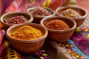 Fototapeta premium A vibrant array of traditional Moroccan spices, including saffron, ras el hanout, and cinnamon, are displayed in clay bowls on a colorful fabric background. Generative AI