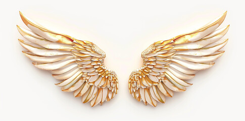 3D illustration of two golden angel wings isolated on white background