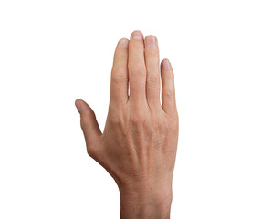 Male hand with manicured nails, raised in a gesture of hello or goodbye. Isolated on a white...