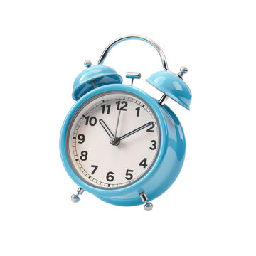 Isolated blue alarm clock flying over white background