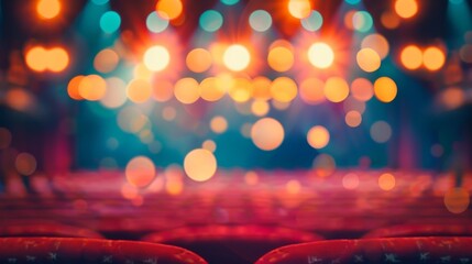 Defocused background image of Literature and Arts Appreciation featuring a blurred photo of a vintage theater stage with colorful stage lights representing the exhilarating experience .