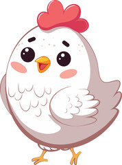 Happy kawaii white chicken. Cute cartoon white chicken, happy kawaii hen illustration.