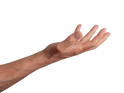 Open palm hand holding or giving something, isolated on white background. Gesture indicating offering or presenting, ideal for support and gift concepts. Close up view showing, transparent PNG