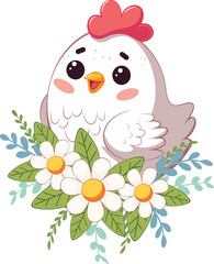 Happy kawaii white chicken. Cute cartoon white chicken, happy kawaii hen illustration.