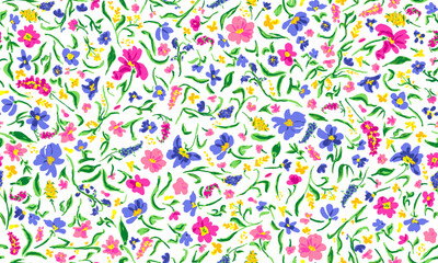Various flowers with leaves seamless repeat pattern. Random placed, vector botany drawing aop, all over surface print on white background.