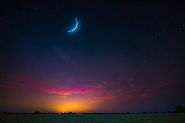Fototapeta premium Radiant Crescent Moon Shining Brightly in a Starry Night Sky with Colorful Sunset