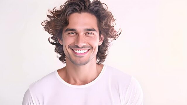 a young, athletic male model with tousled hair and a charming smile,
