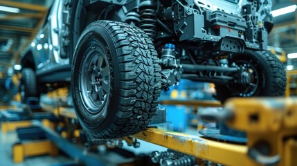 Fototapeta premium A motor vehicle in a factory, focusing on automotive parts such as the tire, engine hood, and others.