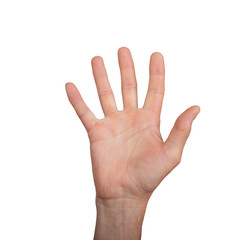 Open palm hand waving hello or goodbye, isolated on white background. Male hand showing gesture of...
