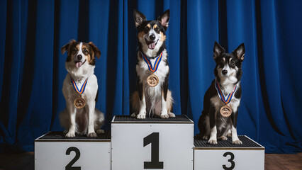 3 dogs with medals on three place podium, dog training competition winners, blue curtain background