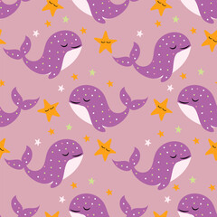 seamless pattern with purple whales and stars, vector pattern, design for nursery, textile and wrapping paper