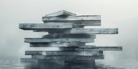 Mysterious Stacked Stone Slabs in Misty Waterscape