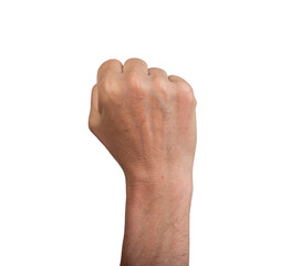 Raised fist symbolizing power and resistance, isolated on white. Male hand showing strength and...