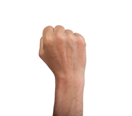 Raised fist symbolizing power and resistance, isolated on white. Male hand showing strength and protest, perfect for concepts of revolution, freedom, and empowerment. Close up view, transparent PNG