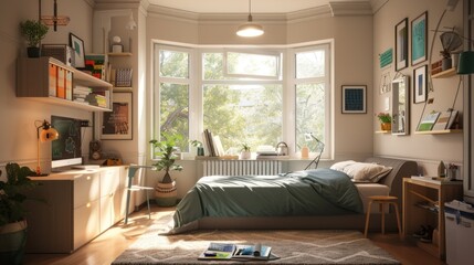 An stylish teenager's room interior featuring a spacious layout with a large window, cozy bed, and functional workspace. AI-generated.