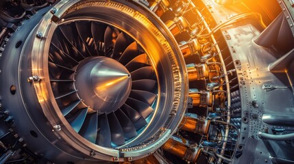 In the aerospace industry, there's a detailed close-up examination of high-precision jet engine machinery, showcasing innovative technology and an advanced propulsion system.