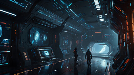 Futuristic space technology city in space using AI-driven systems and advanced space technology.