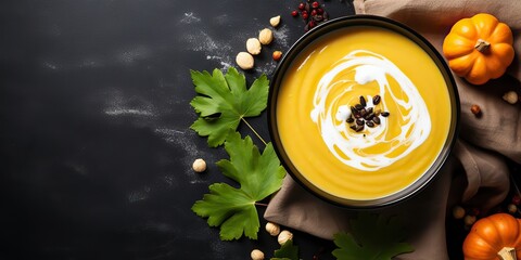 Top view cream pumpkin soup on a blank table mock up scene view