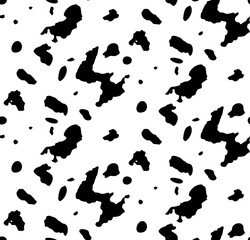 Seamless black and white cow spots pattern, simple style. Black random spots on a white background. Can be used for wallpaper, textile design, web page background. Farm animal texture banner.