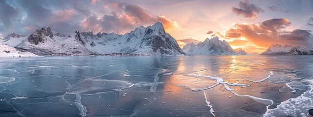 mountain ridge and ice on the frozen lake