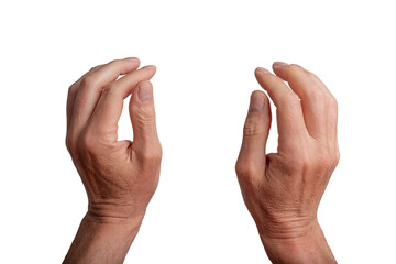Two hands grasping, isolated on white background. Gesture indicating grabbing or catching something invisible, interaction and communication concepts. POV, transparent PNG
