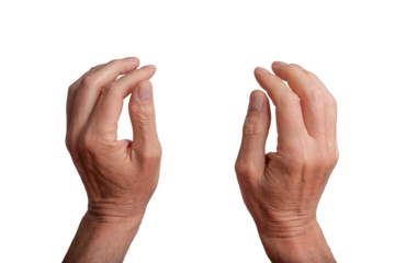 Two hands grasping, isolated on white background. Gesture indicating grabbing or catching something invisible, interaction and communication concepts. POV, transparent PNG