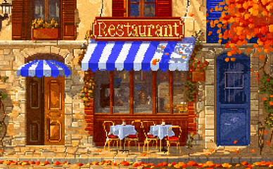 Fototapeta premium pixel art of the facade of an old restaurant in the streets on autumn, warm and cozy