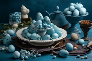 Festive table arrangement with blue speckled eggs and decorations on a moody backdrop