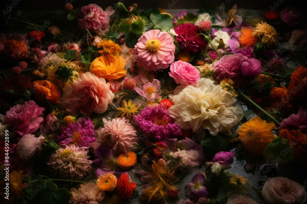 Poster array of colorful flowers basked in a soft, moody light, creating a serene and artistic atmosphere