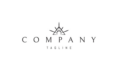 A vector logo with an abstract image of the sun shining against a mountain background.