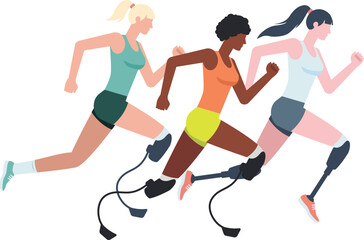 Obraz premium Illustration of three women running competition with leg prostheses in a tank top and shorts. Running paralympic athlete flat design illustration.
