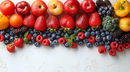 Colorful Assortment of Organic Fresh Fruits and Vegetables on White Background - Close-Up of Healthy Produce Display for Nutritional and Dietary Concepts