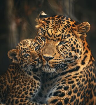 mother leopard and her cub hugging each other