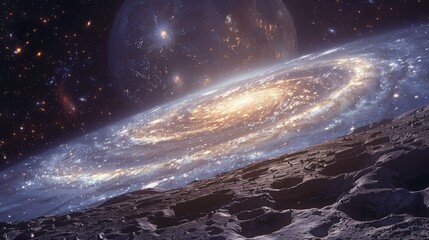 Fototapeta premium Spiraling Galaxy in the Night Sky Over Desolate Lunar Landscape