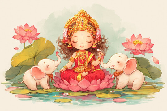 cartoon illustration of cute laxmi goddess on lotus with cute elephants