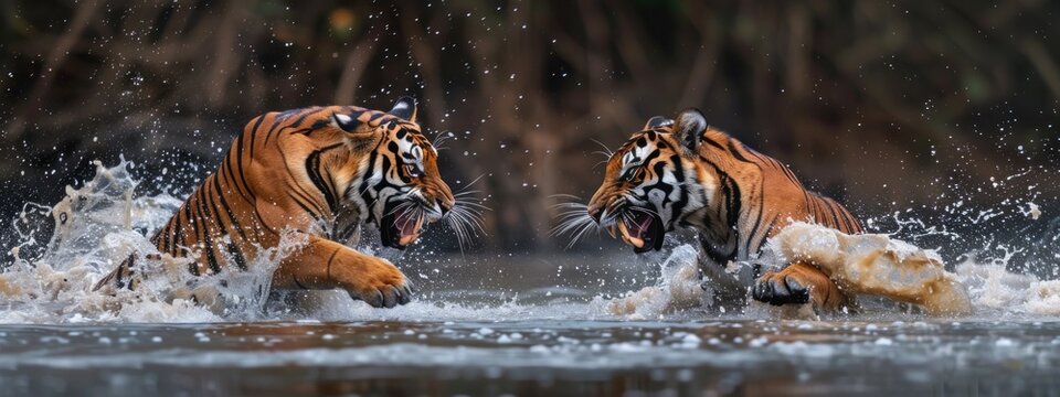 bengal tigers Fighting on the water
