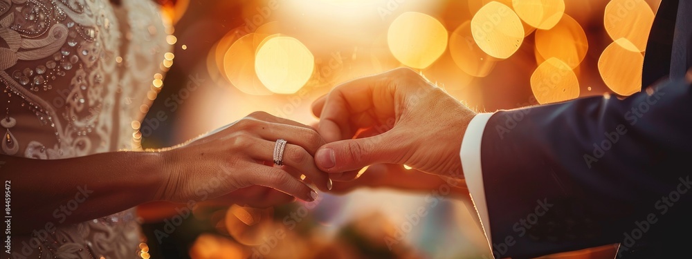 Wall mural bride holds grooms hand closeup shot