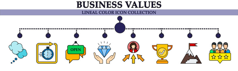 Business values lineal color icon collection. With icon of excellent, point of view, reward, thinking, fast response, communication, mission, good team. For sign, symbol, infographics or presentation 