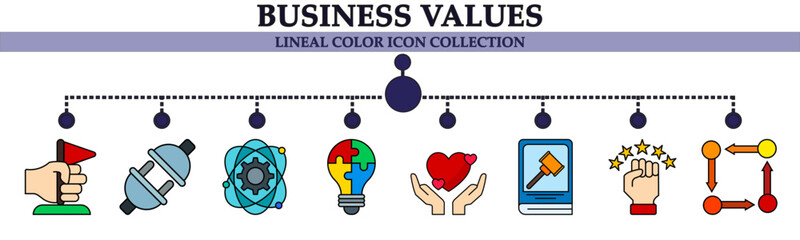 Business values lineal color icon collection. With icon of friendly, equally on justice, satisfaction, workflow, goals, connection, gear, idea .  For sign, symbol, infographics or presentation 