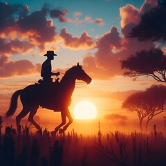 silhouette of a cowboy riding into the sunset, c4d, dreamy and optimistic, vibrant sky 