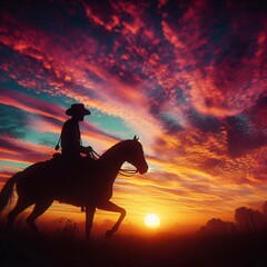 silhouette of a cowboy riding into the sunset, c4d, dreamy and optimistic, vibrant sky 