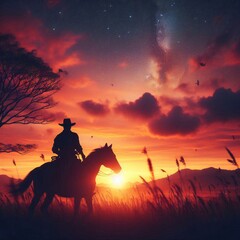silhouette of a cowboy riding into the sunset, c4d, dreamy and optimistic, vibrant sky 