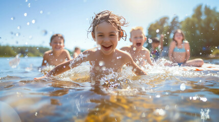 Obraz premium Children splashing in the lake on a sunny day