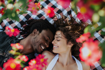 Diverse couple relaxing on a checkered picnic blanket surrounded by flowers